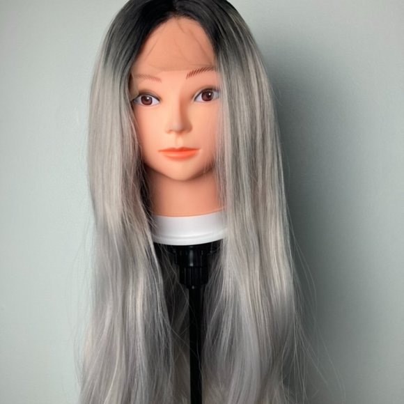 Silver Gray Black Rooted Lace Front Wig